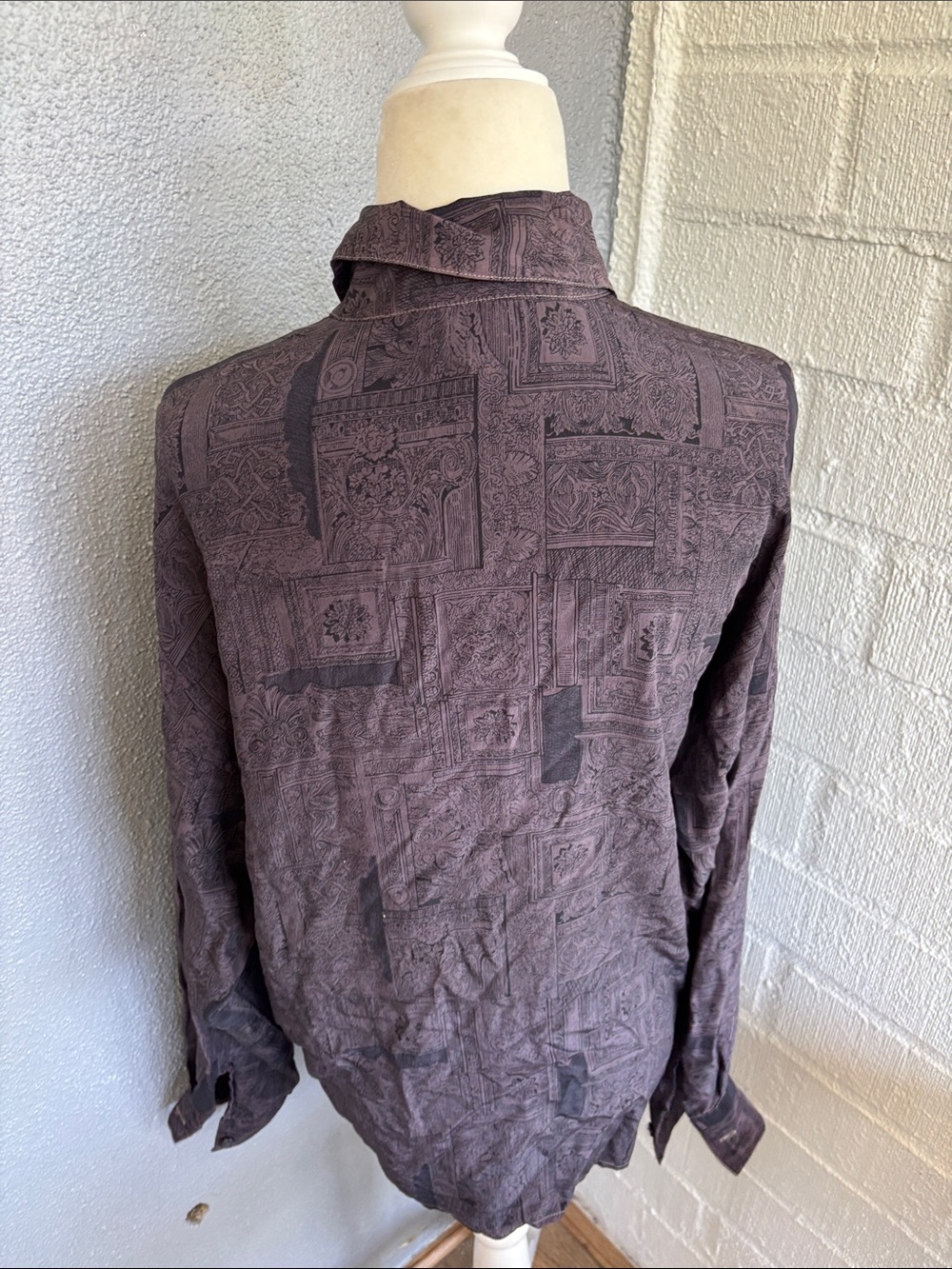 Annie Alexander Silk Vintage Ornate Mauve Long-Sleeve Button Blouse sz M - Picture 3 of 6